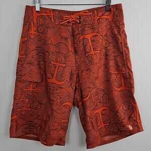 The North Face Board Shorts Swim Trunks Orange Anchors Waves Print | Men's 32